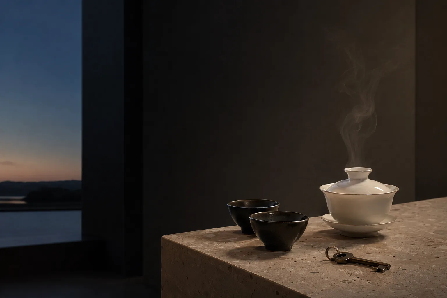 A white gaiwan and two dark cups beside a window at dusk, set for a first evening at home.