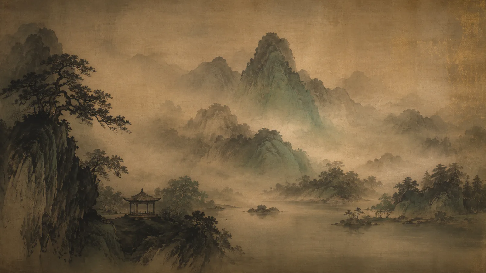 An ink-and-gold shanshui painting: a pavilion on the near shore, water between, and ranges of mountains fading back into mist.