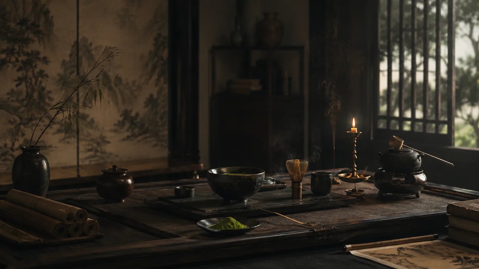 A scholar's tea room by candlelight: a whisk, a bowl, and a dish of ground tea powder laid along a low table.