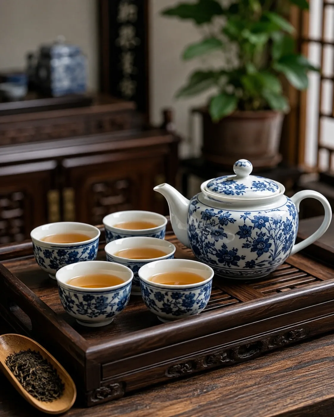 A blue-and-white teapot and five matching cups filled with tea on a carved wooden tray, with dry leaf in a scoop beside them.