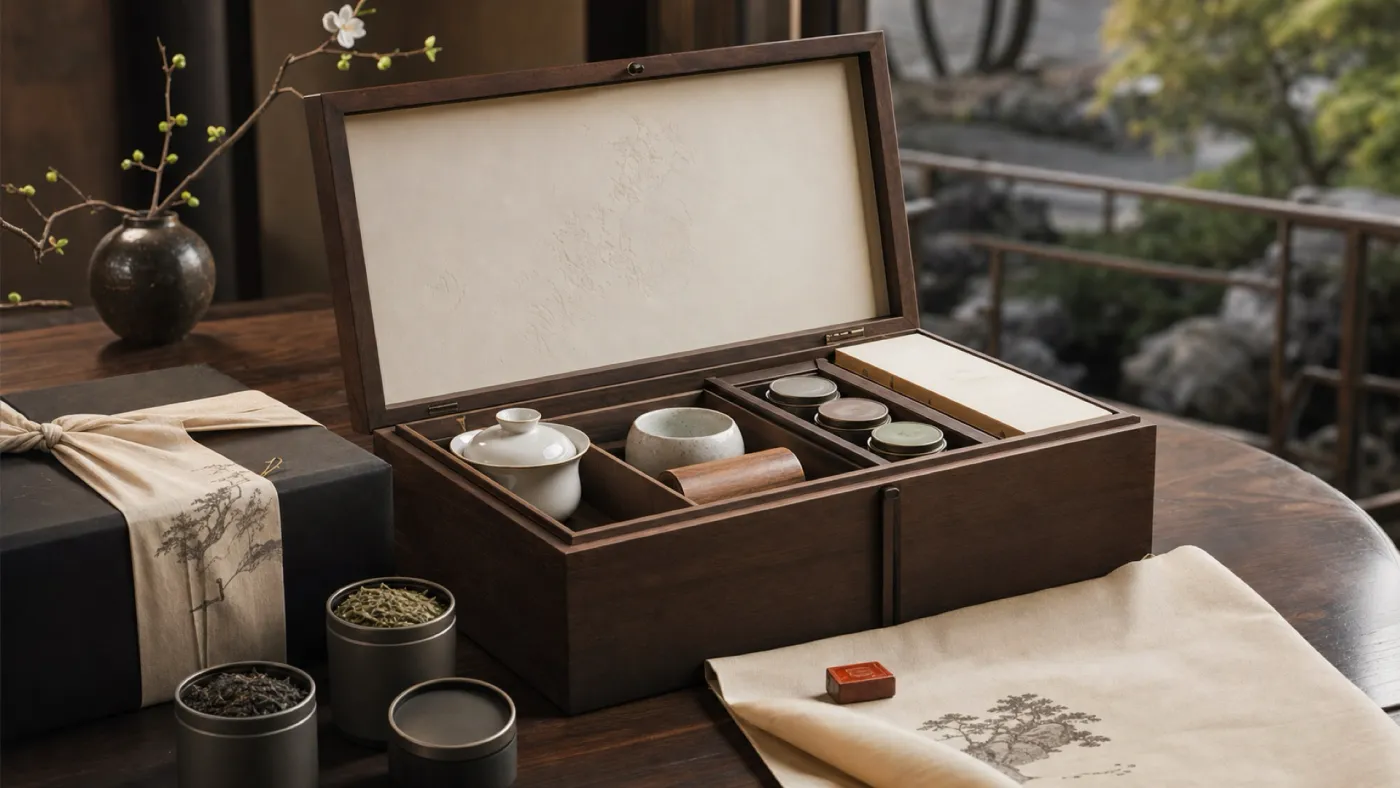 A corporate gift box open on a desk, its tea canisters and printed card laid beside it.