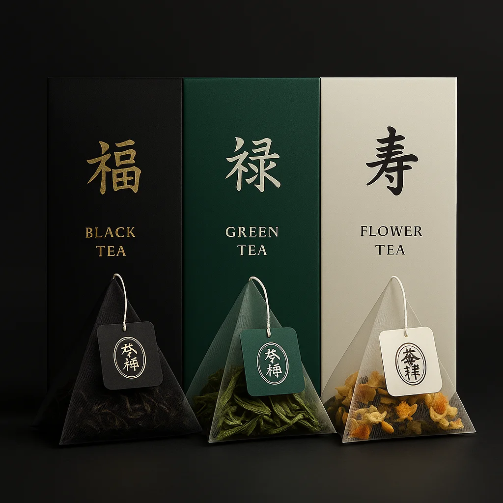 Chazen black, green, and flower tea in individually sealed pyramid sachets, each stamped with the Chazen seal.