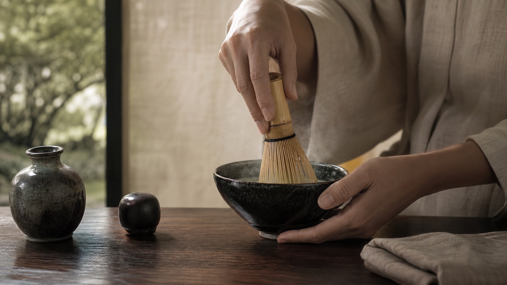 A bamboo whisk worked in a dark tea bowl, raising pale foam from powdered tea.