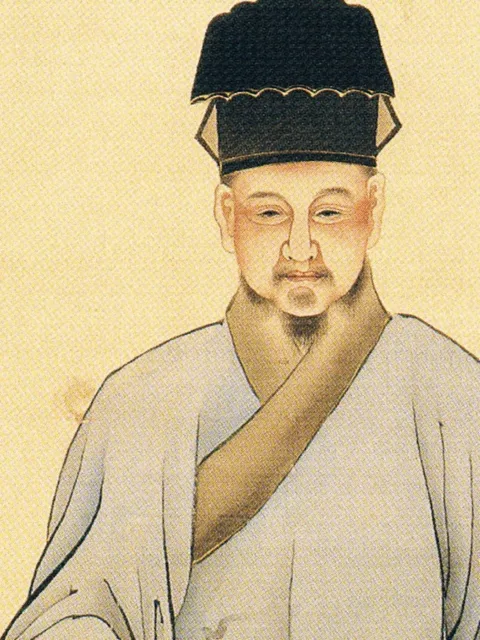 Traditional portrait of Lu Yu seated, a blue tea jar and a white ewer on a stand before him.