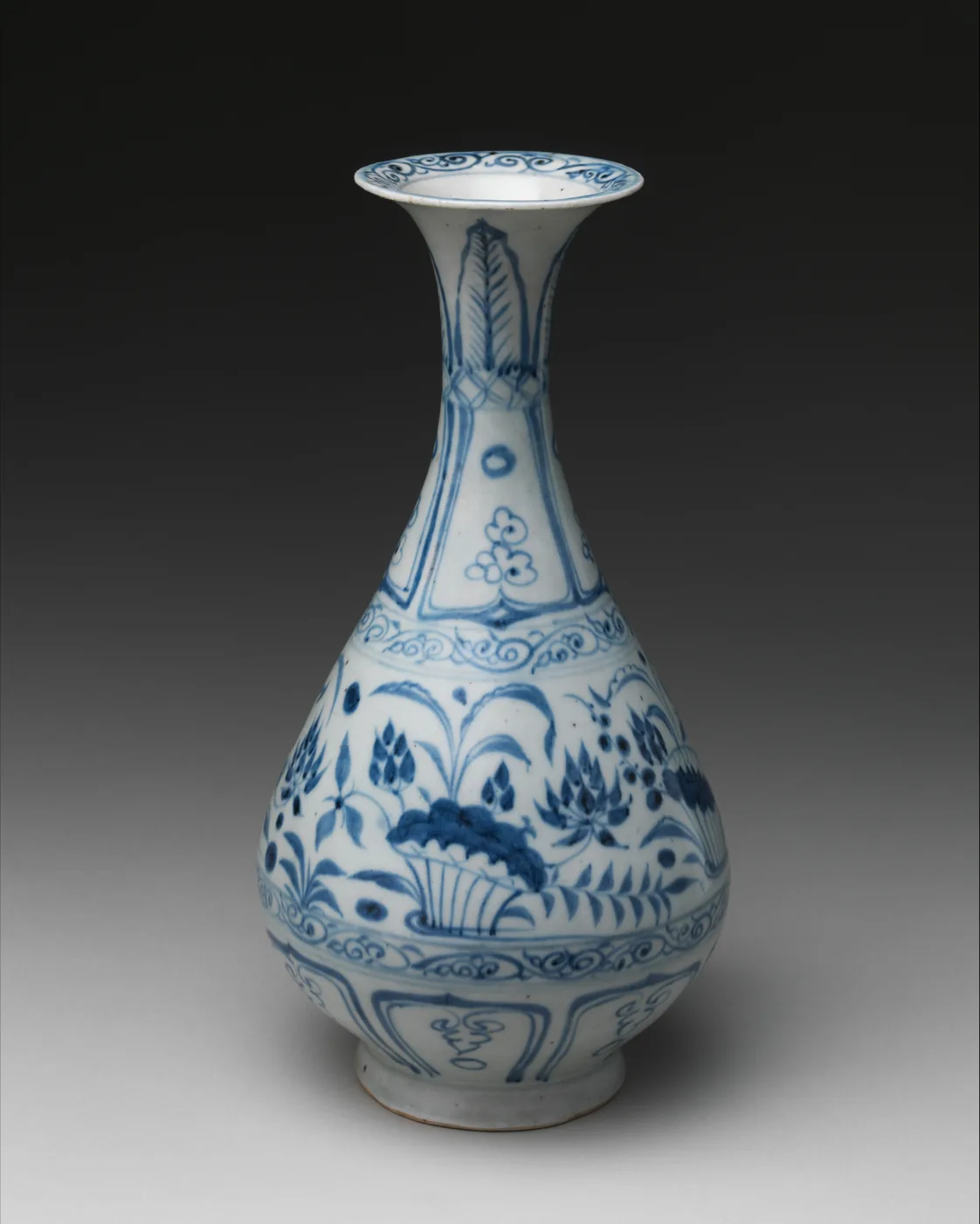 A Yuan blue-and-white porcelain flask, cobalt flowers under a clear glaze.