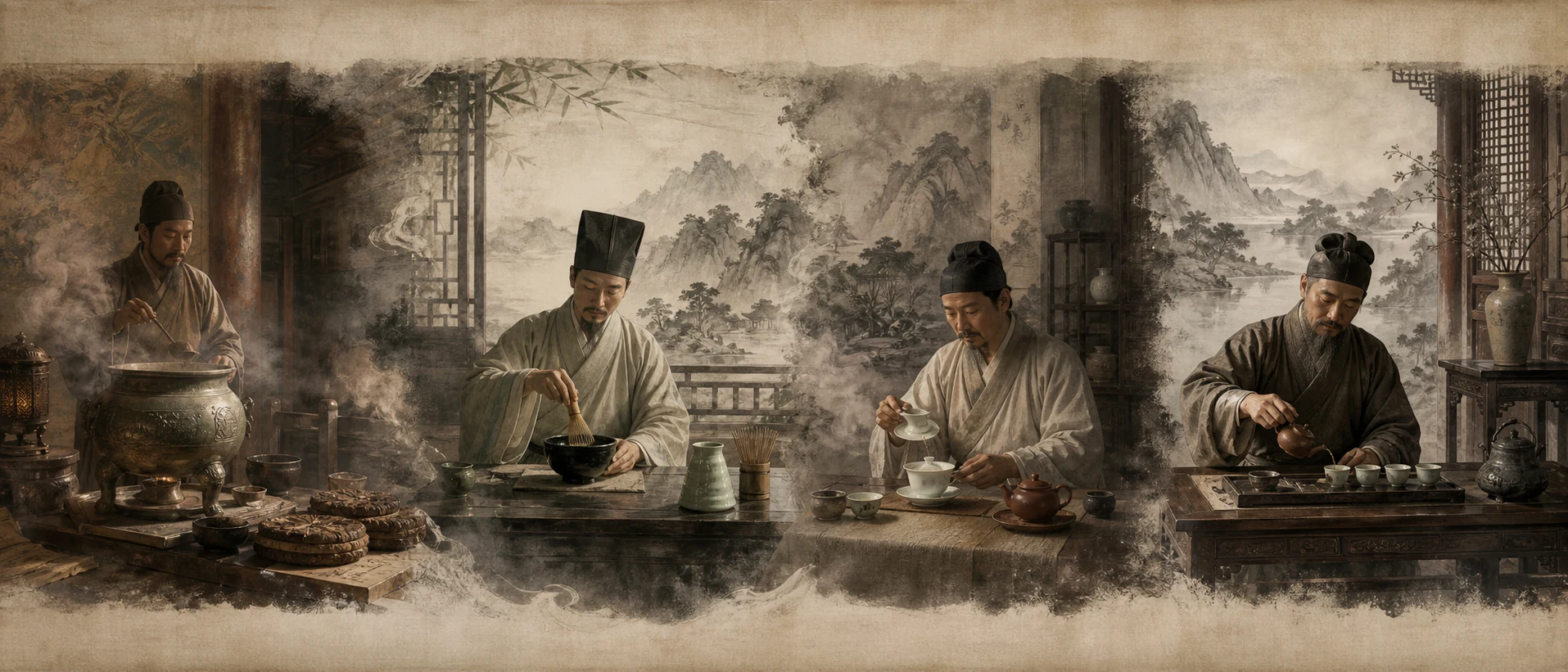 A handscroll reading left to right through four eras of Chinese tea: a Tang cauldron, a Song whisked bowl, a Ming clay pot, and a Qing gongfu tray.