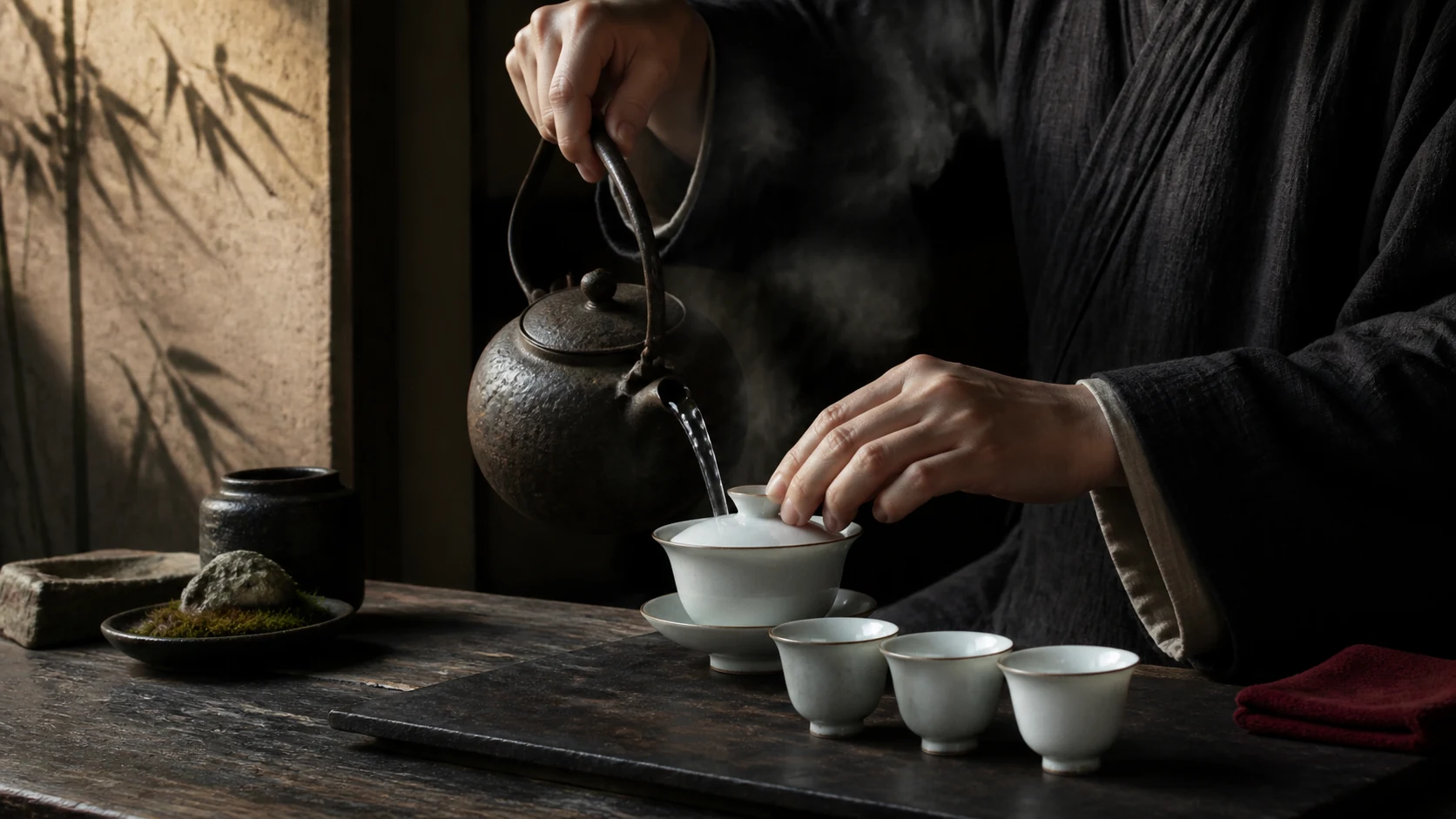 Boiling water poured through a white gaiwan and its cups on a dark table, steam lifting.
