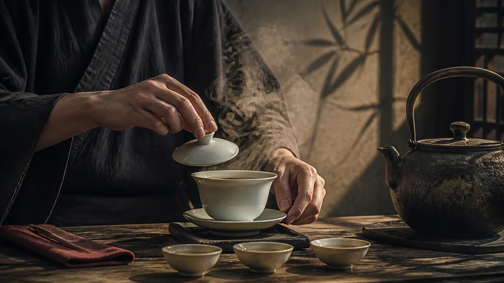 The lidded gaiwan steeping, the lid lifted just clear of the rim.
