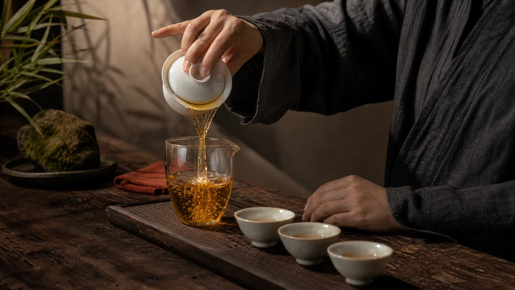 Liquor poured from the gaiwan into a fairness pitcher in one unbroken line.