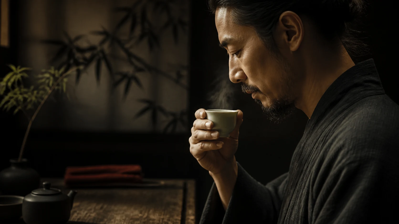 A small cup raised and held, the room dark behind it.
