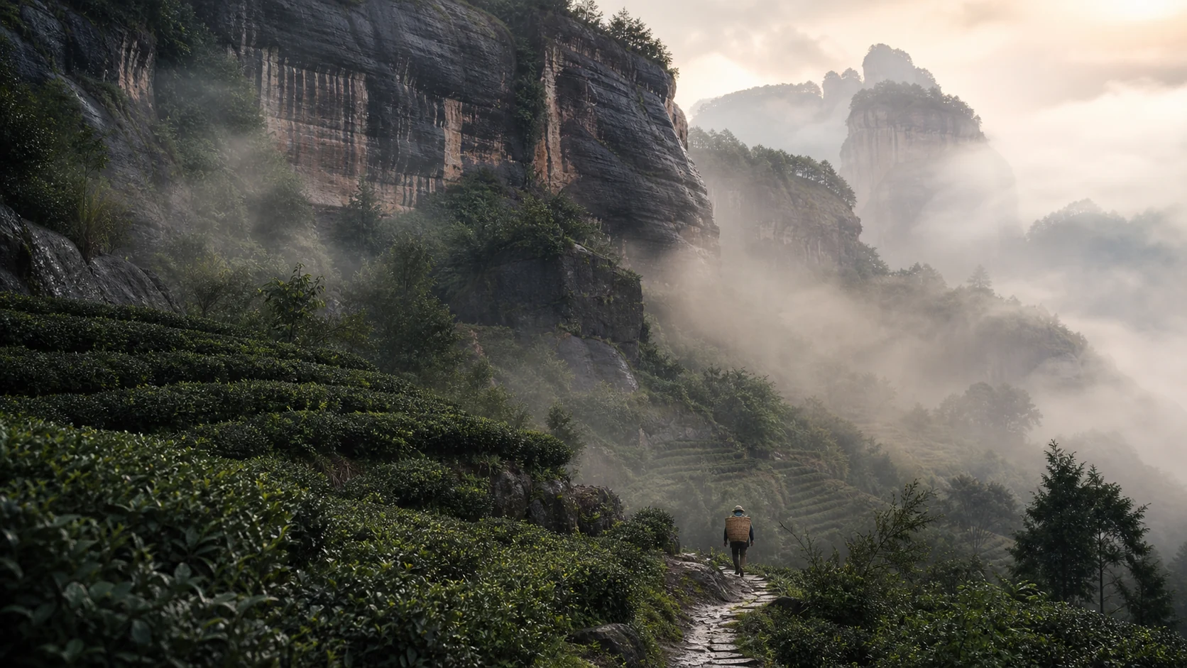 Terraced tea gardens on the weathered granite cliffs of the Wuyi mountains, mist lying in the valley.