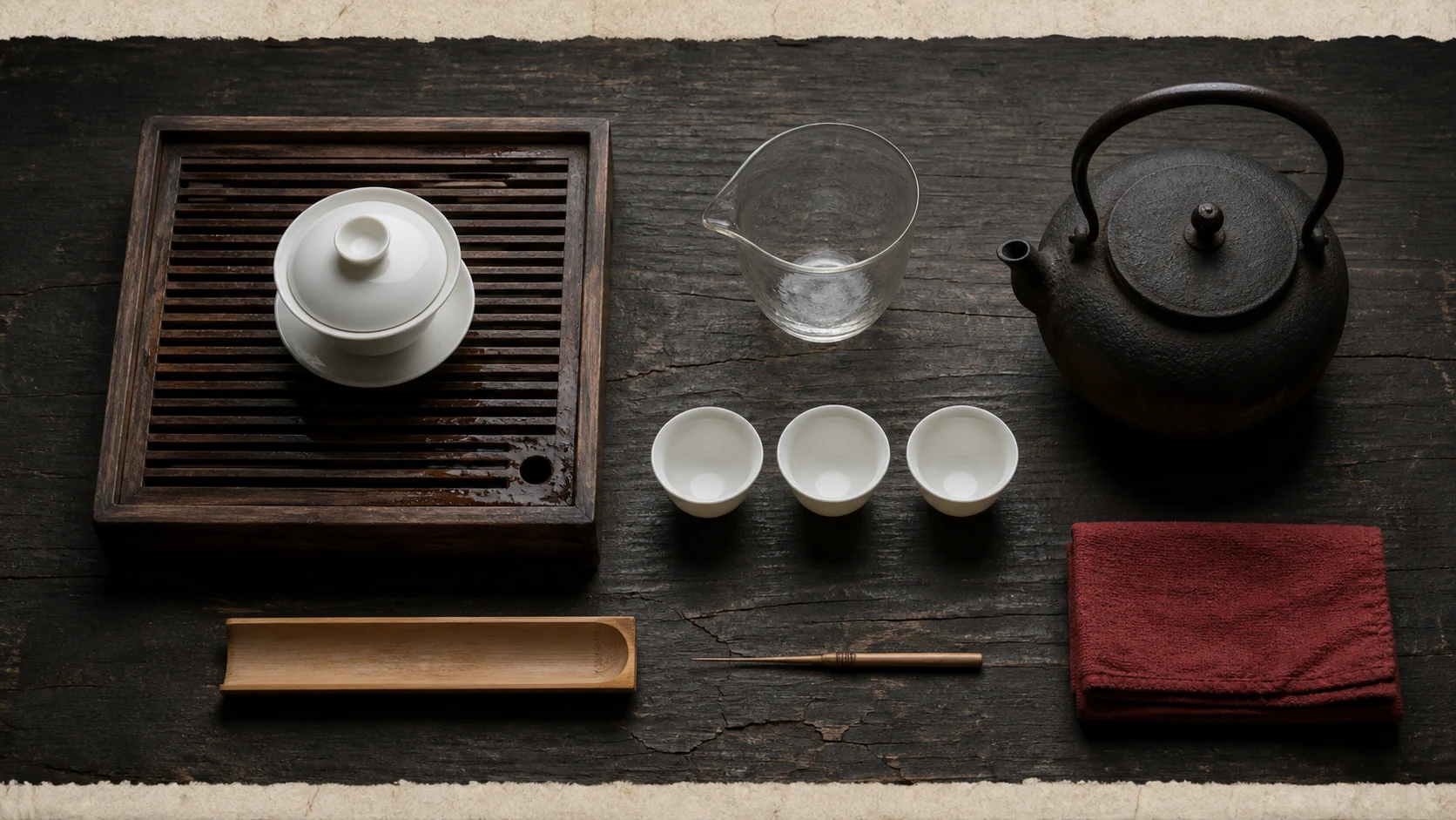 A full gongfu tea service laid out and labelled as a museum case: pot, pitcher, cups, scoop and tray.