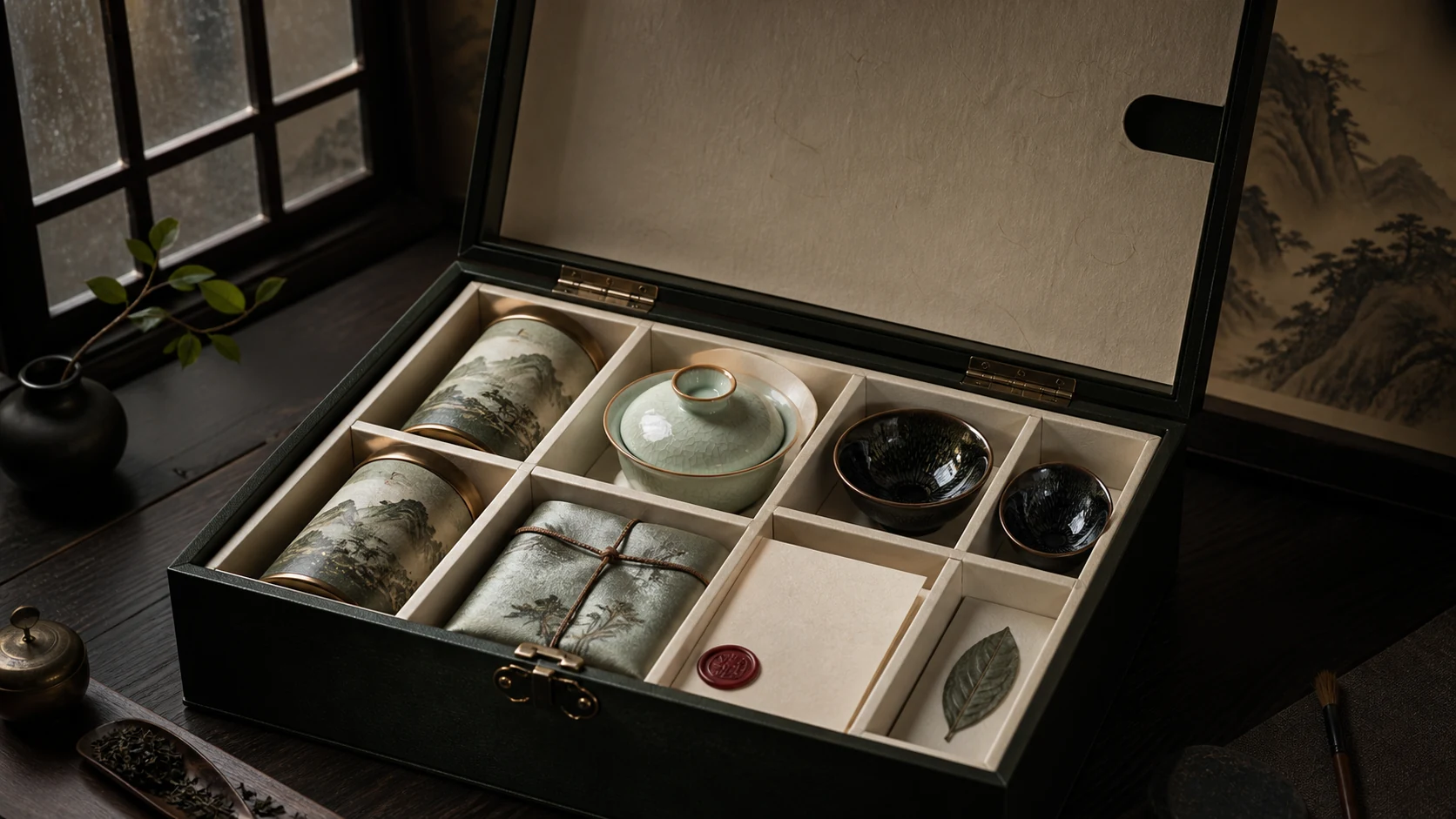 A lacquer gift box open on a dark table, its tea canisters and cups laid out beside it in low museum light.