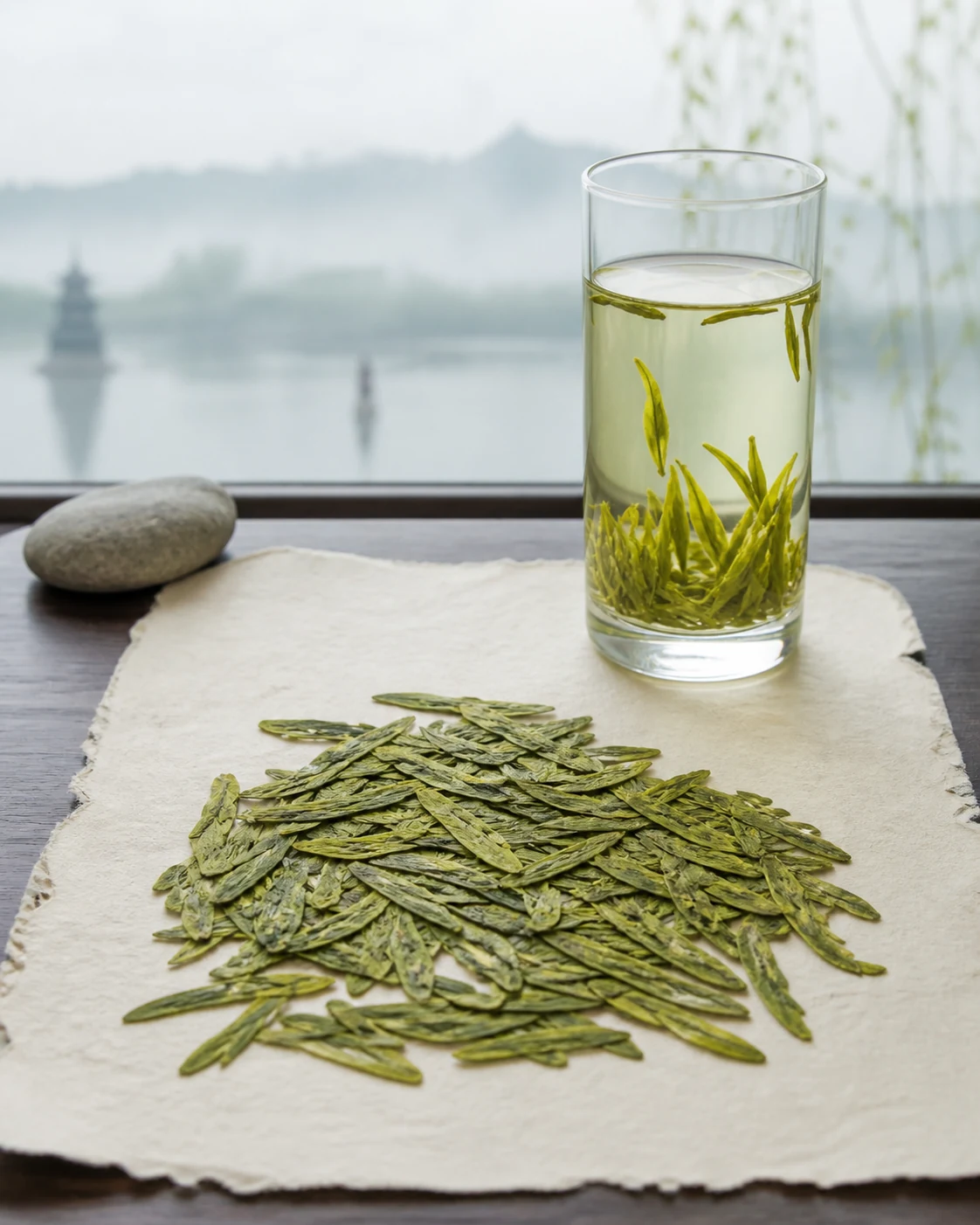 Longjing: flat jade-green pressed leaves on paper beside a tall glass of pale infusion, a lake behind.
