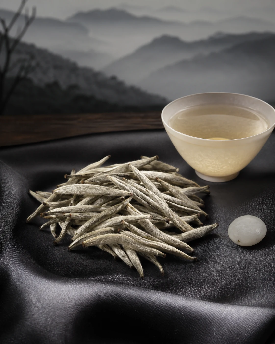 Bai Hao Yin Zhen: silver downy buds on dark silk beside a pale bowl of very light liquor.