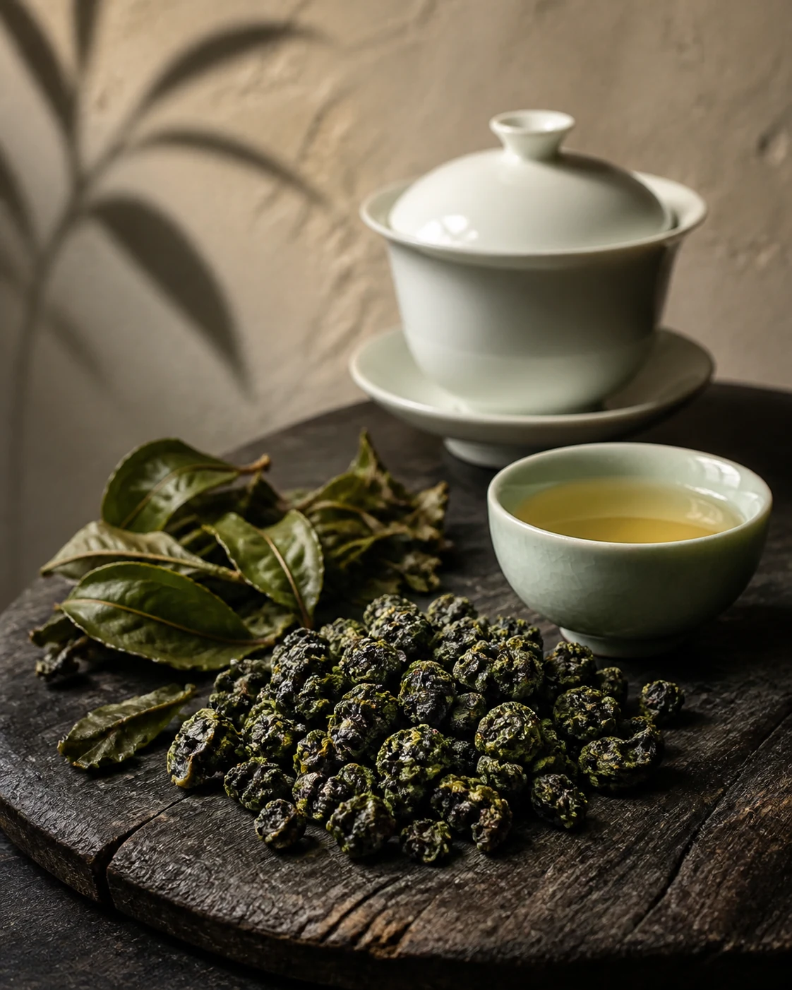 Tie Guan Yin: tightly rolled green pearls and unfurled leaves beside a white gaiwan and a cup of golden liquor.