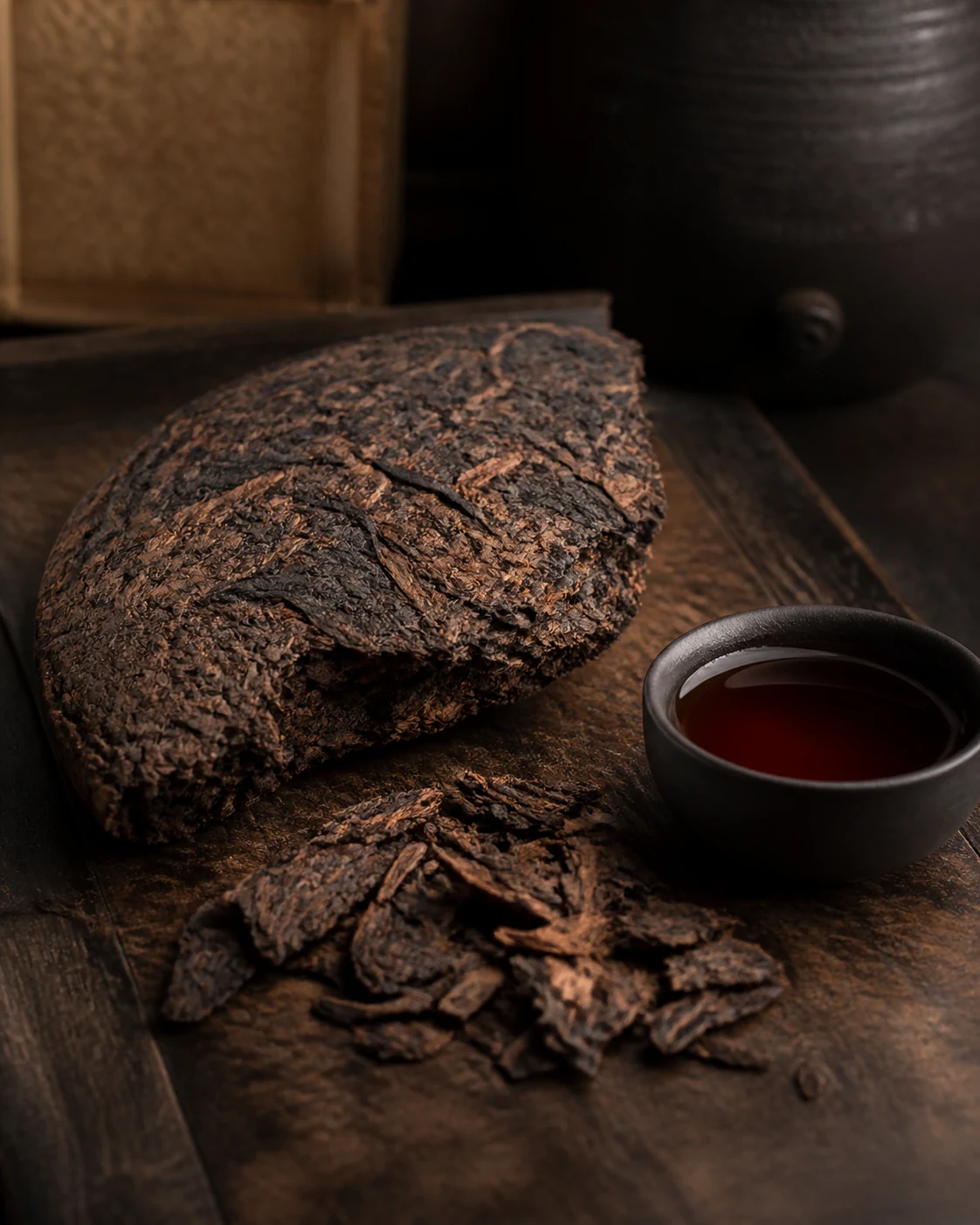 Pu-er: compressed dark leaf broken open on a wooden board beside a cup of deep red-brown liquor.