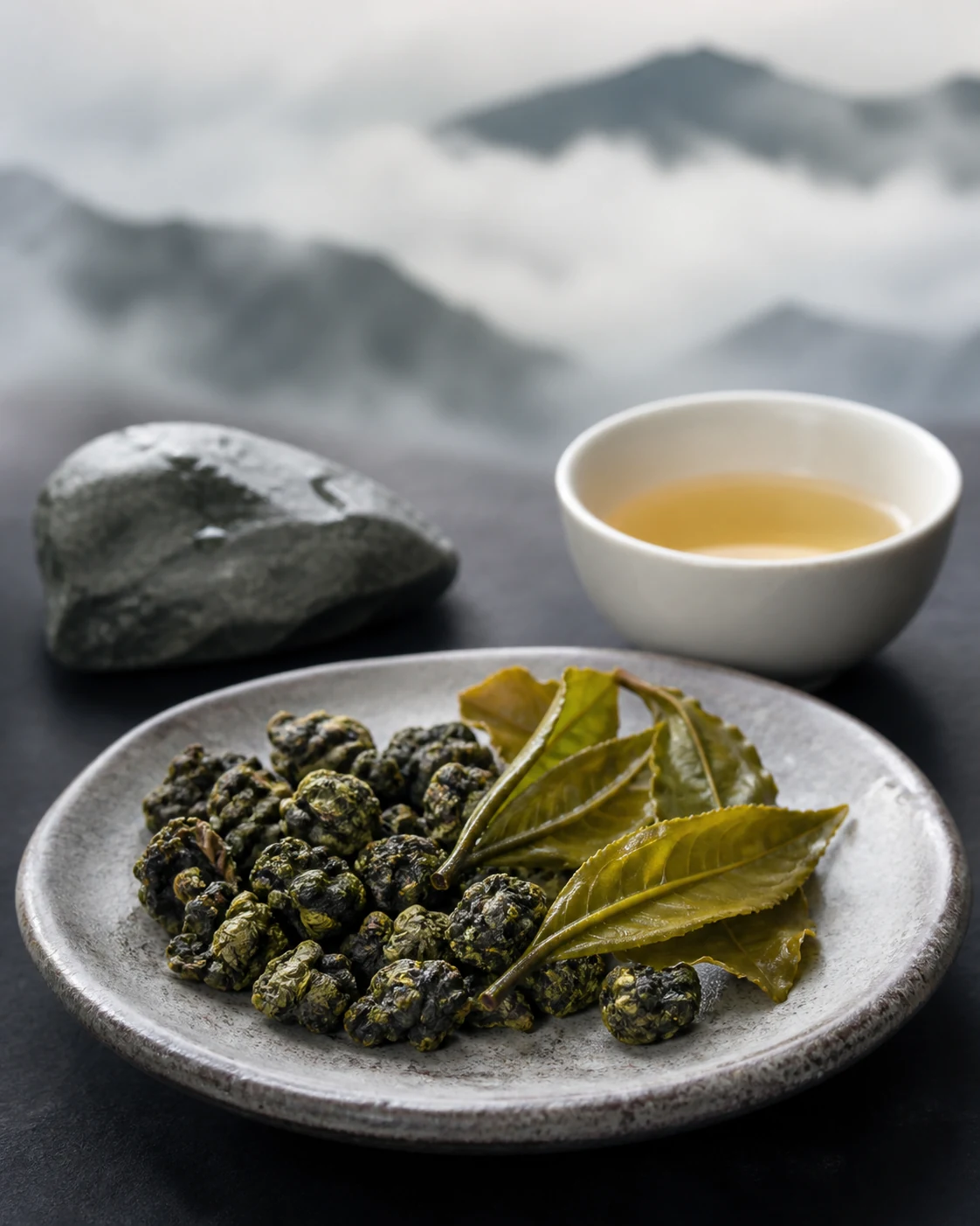 High mountain oolong: pale rolled leaves beside a cup of light golden liquor, mountain mist behind.