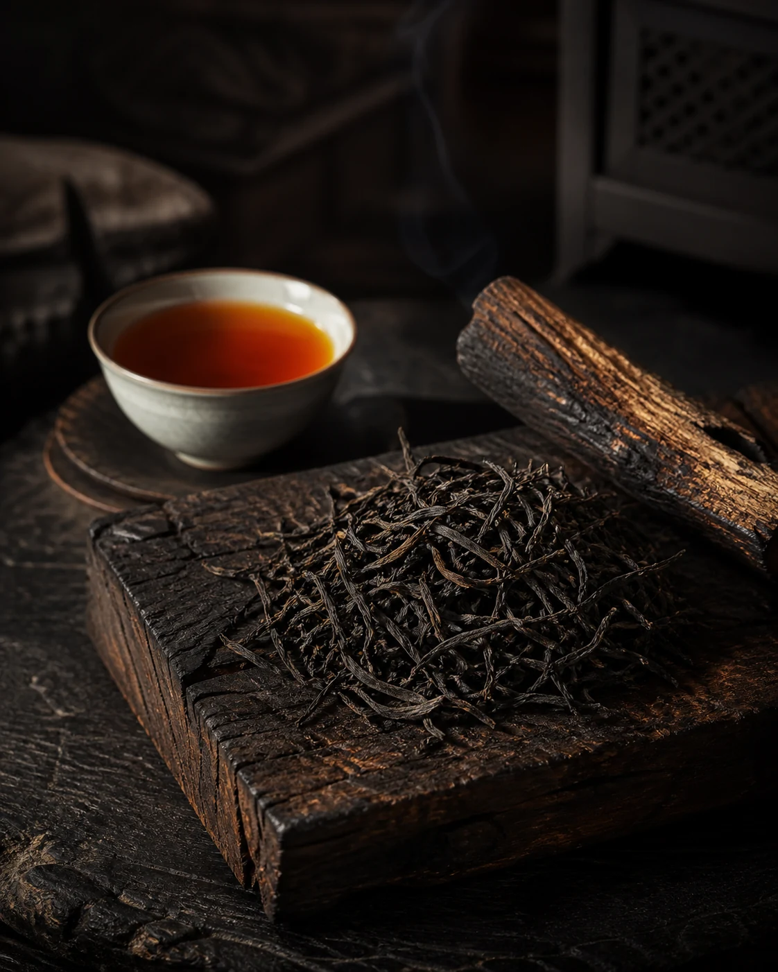 Lapsang Souchong: wiry near-black leaves on dark wood beside a cup of dark red liquor.