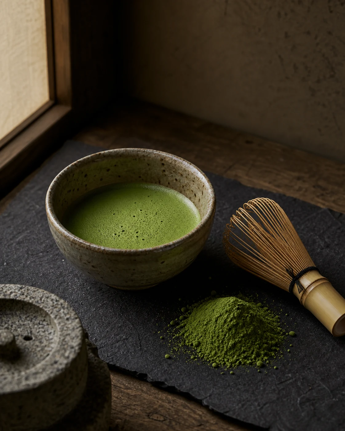 Uji matcha: bright green powder in a dark bowl with a bamboo whisk and a sifted mound beside it.