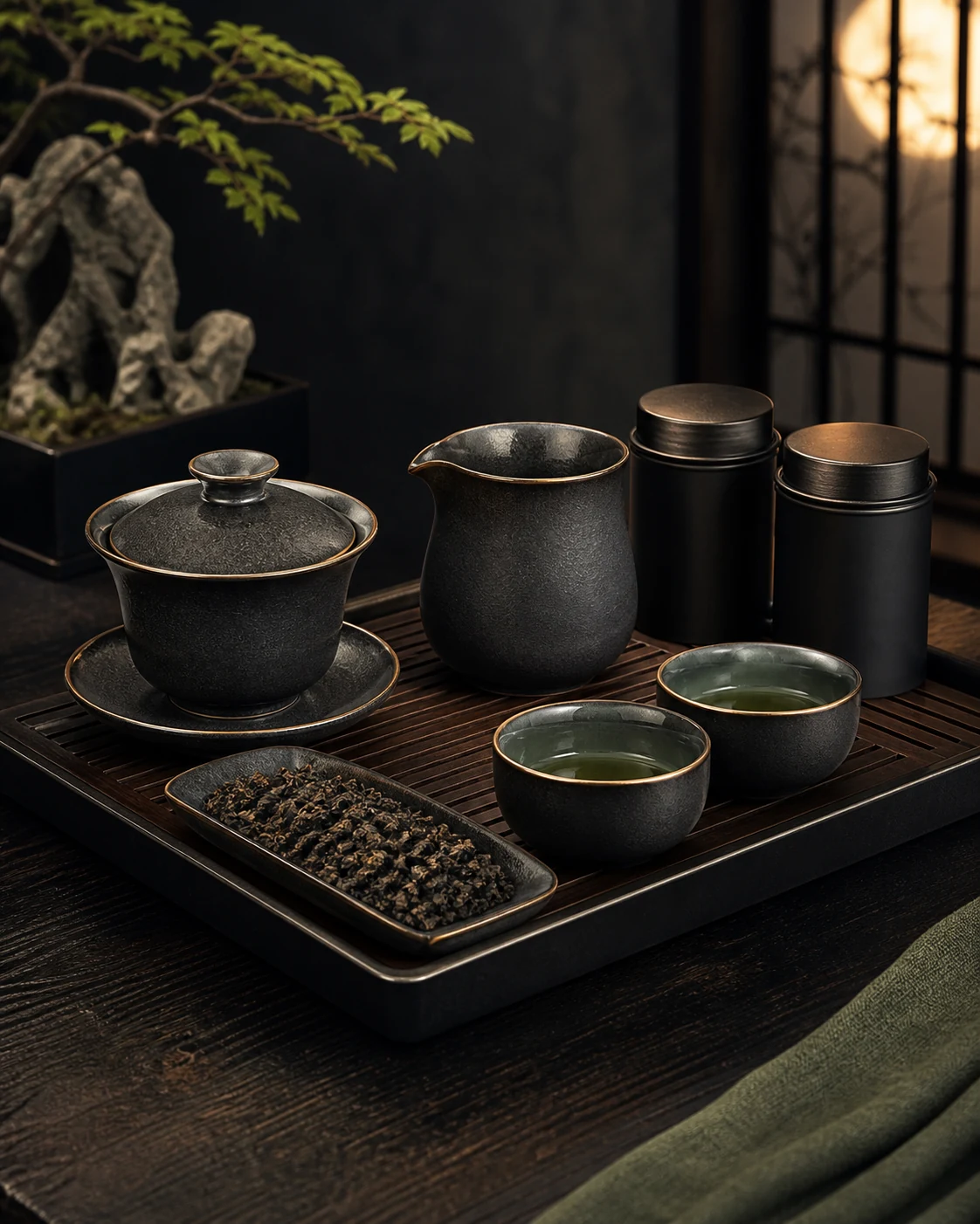 A fuller tea set arranged with cups, pitcher and sealed tea canisters.