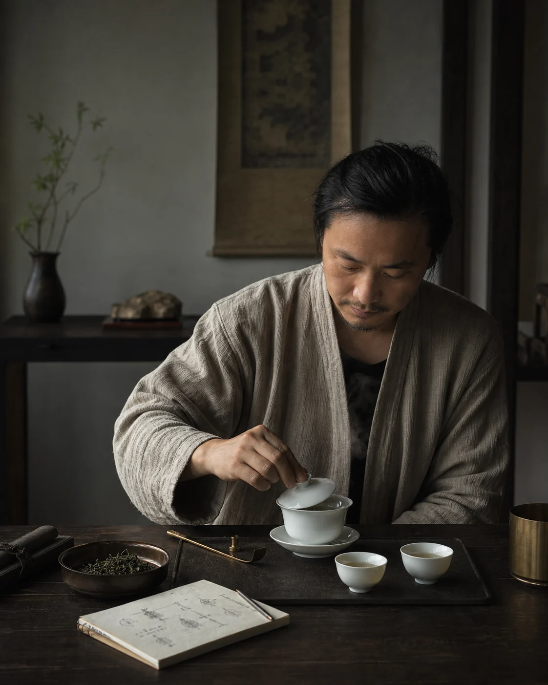 A beginner's tea set laid out simply: one pot, two cups, a small scoop of leaf.