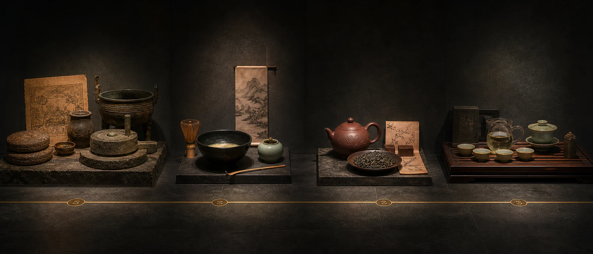 A handscroll of Chinese tea history unrolling left to right across four eras.