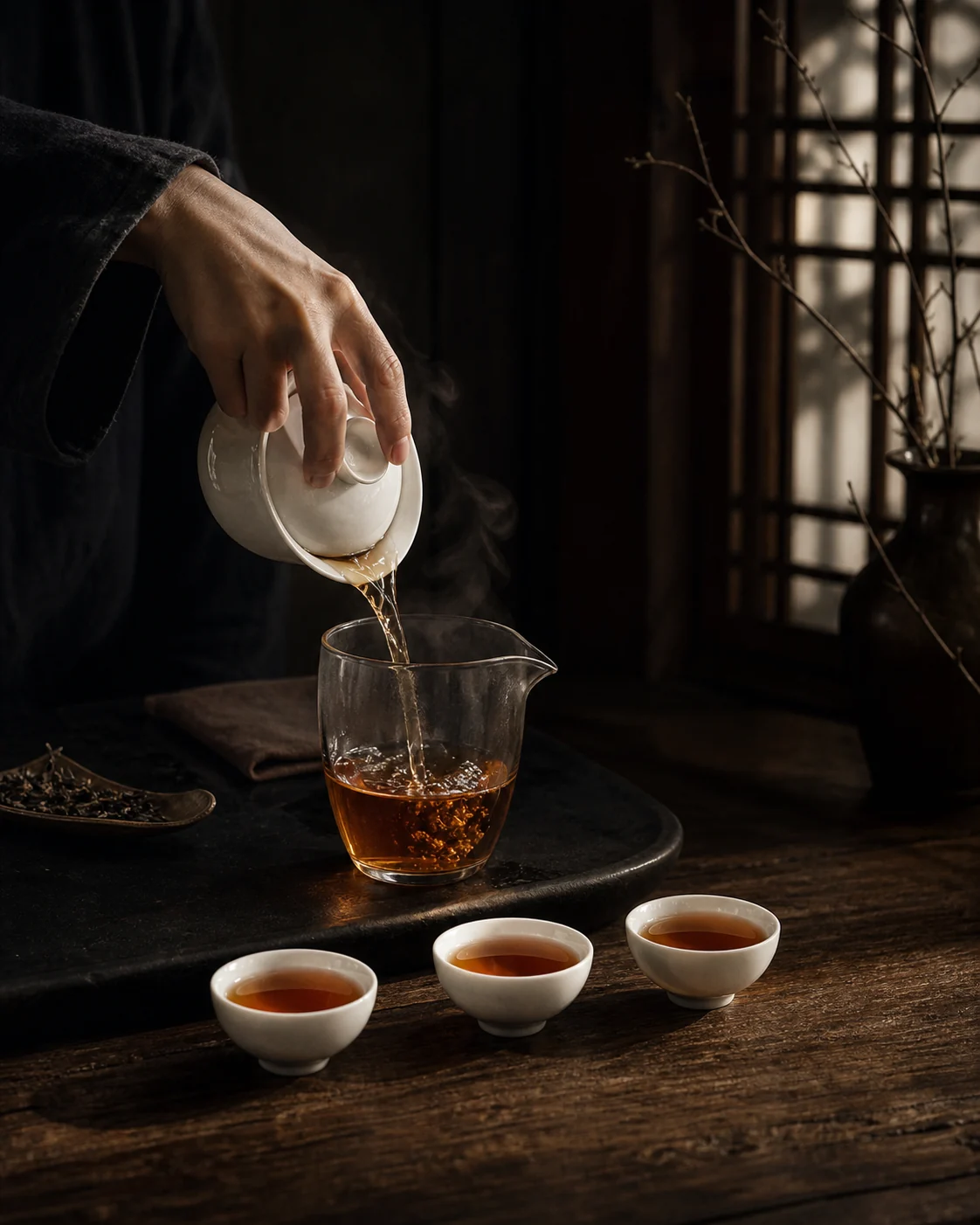 A porcelain fairness pitcher pouring evenly into small tasting cups.