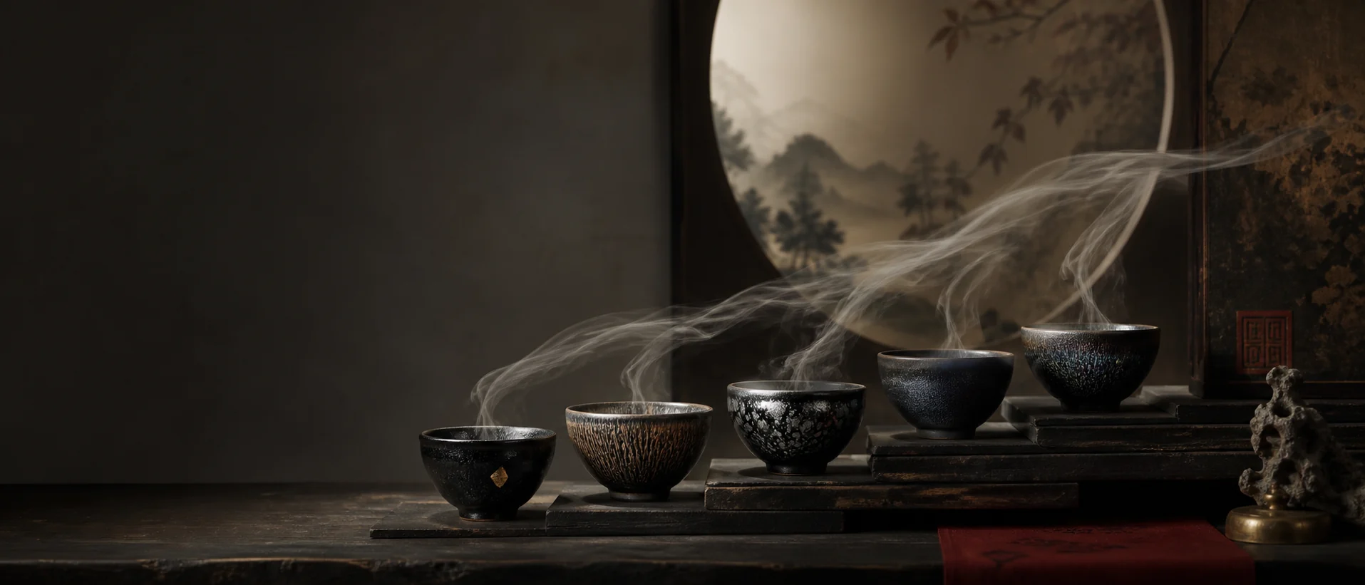 Five distinct tea bowls rise like a path through a moonlit scholar's room