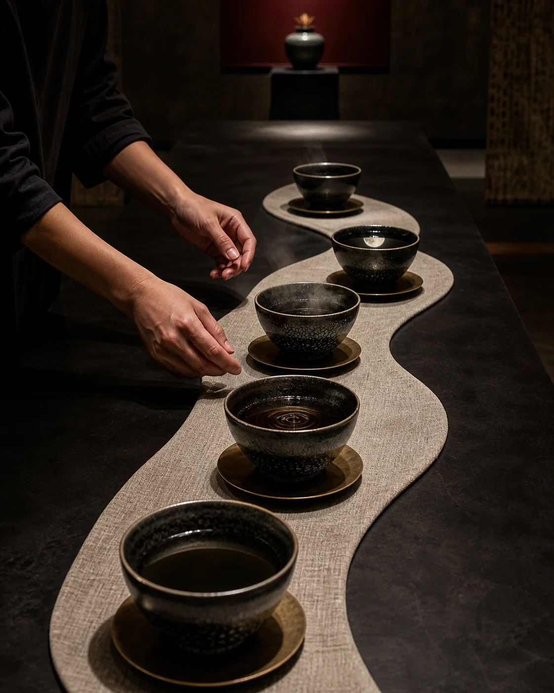 A sequence of hands moves through one complete tea ritual across a scholar's table.
