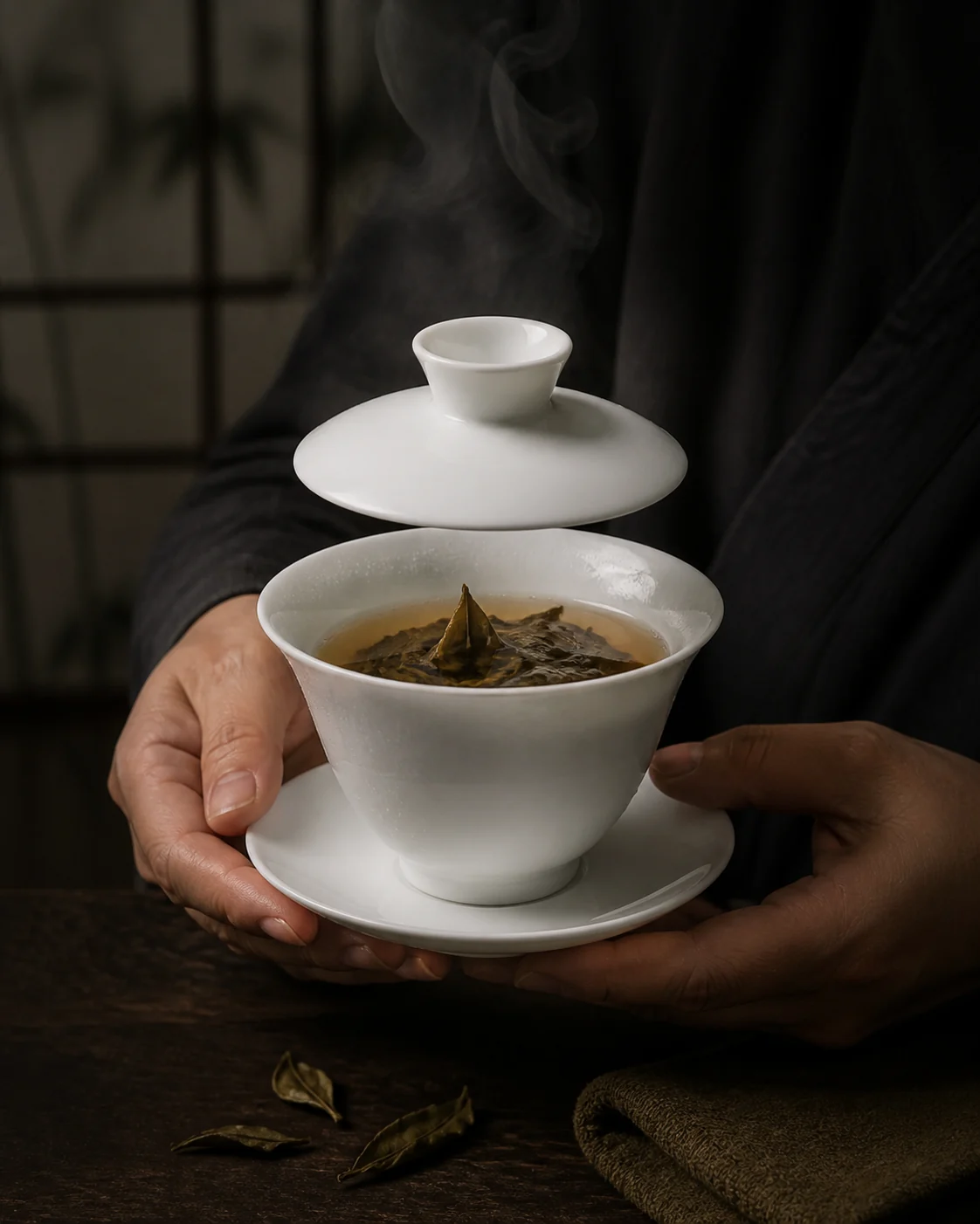 A white gaiwan lidded and resting on its saucer, the room dark behind it.
