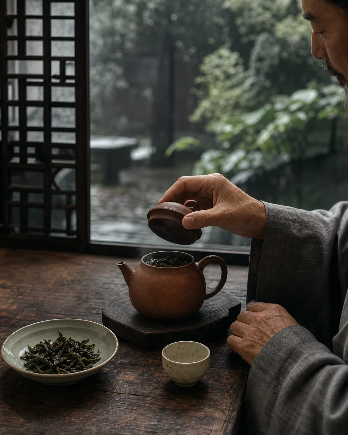 An unglazed Yixing clay pot pouring a steeped infusion into a small cup.
