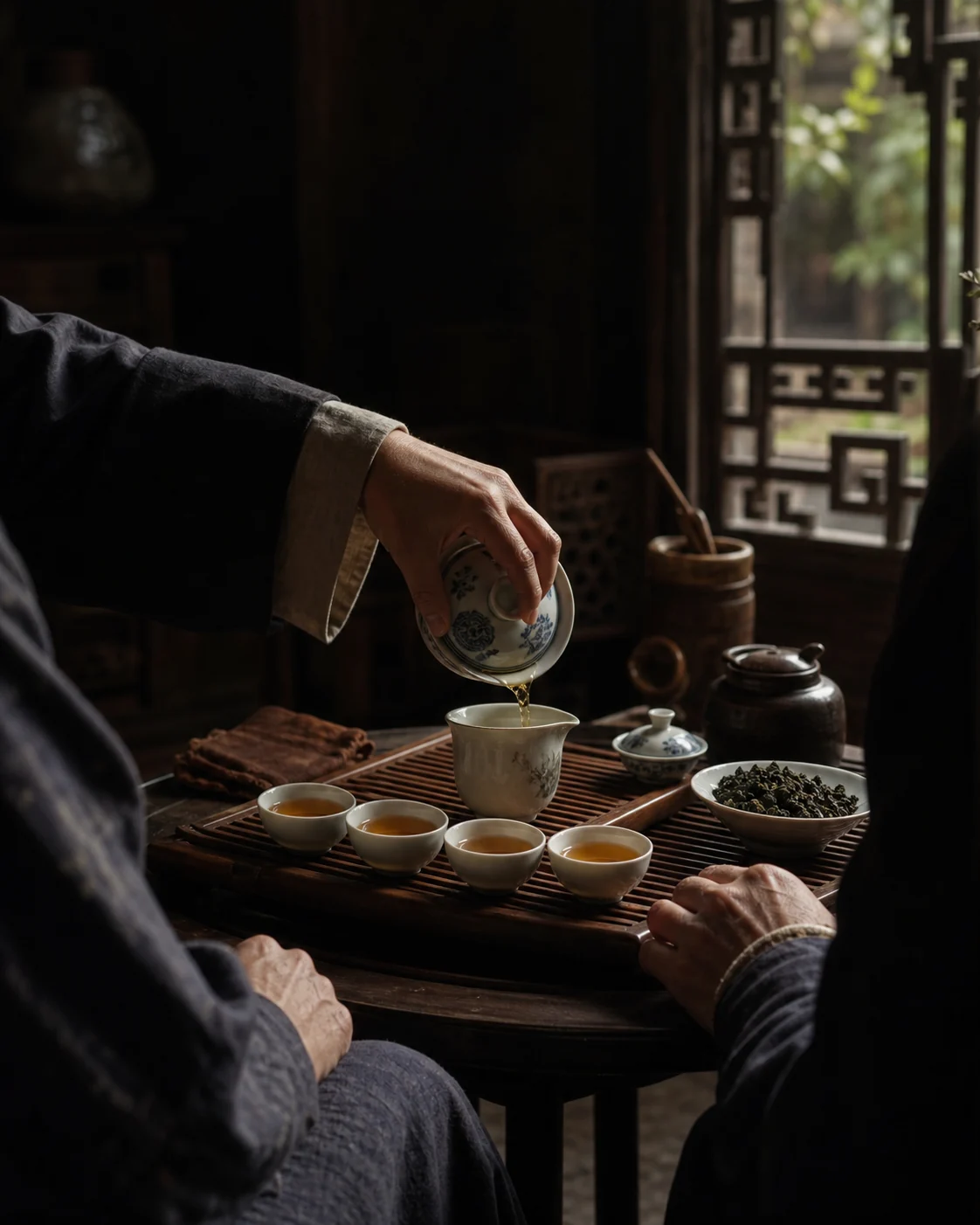 A gongfu tea table seen from above: gaiwan, fairness cup and small tasting cups.