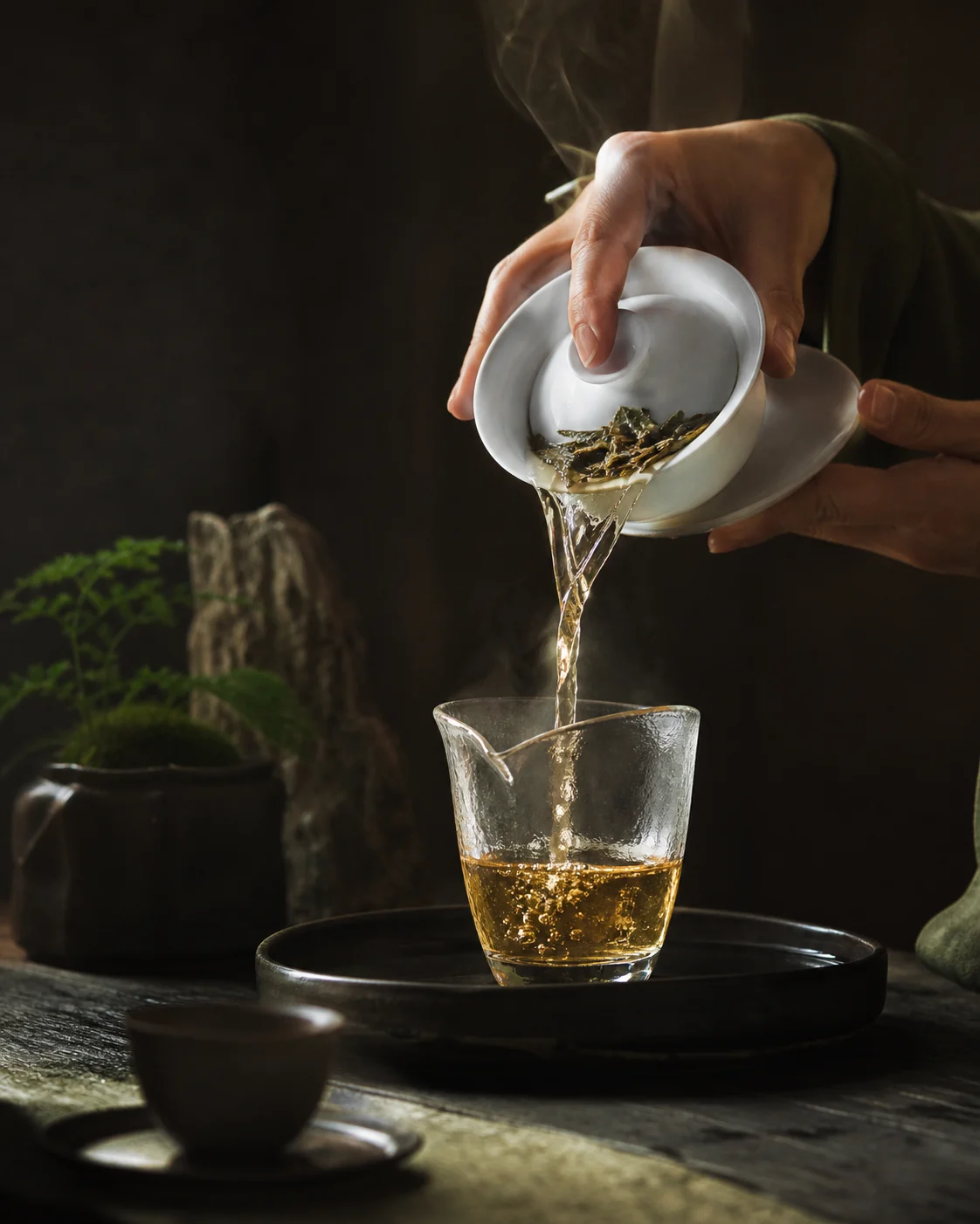 Water poured in a thin steady line into a warmed cup, steam lifting.