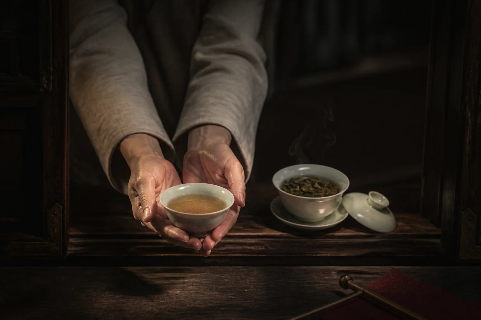 A gaiwan, kettle and small cups set out on a low table, waiting for the pour.