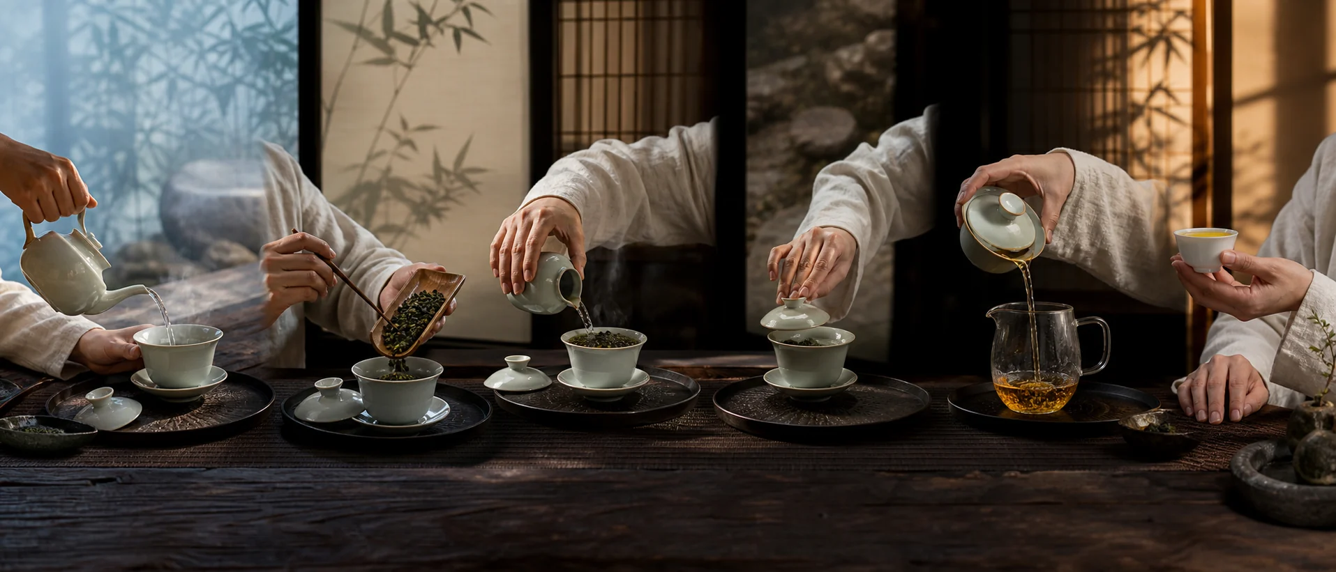 The six movements of the gongfu ritual laid out in sequence on one table.