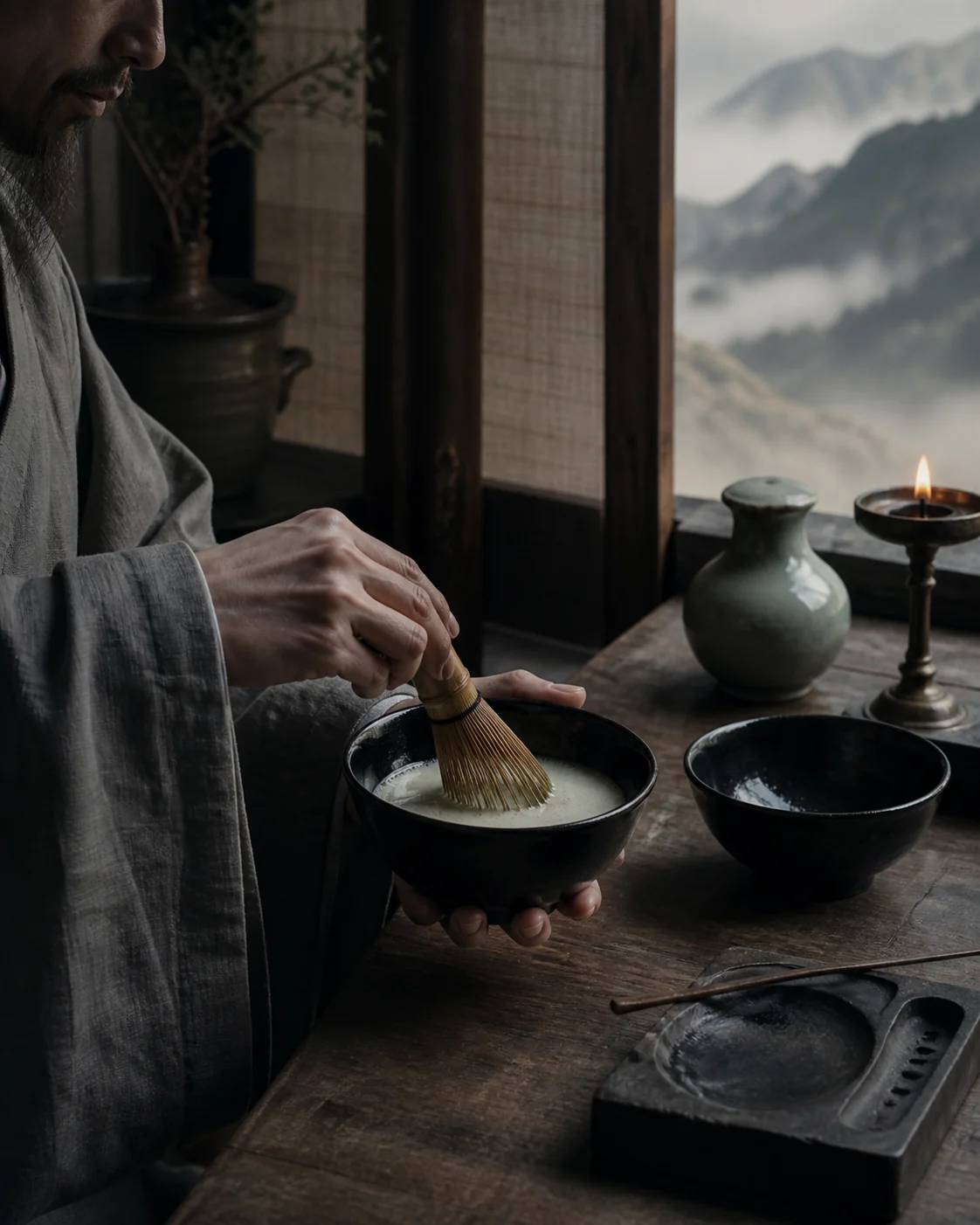 Pale foam raised in a dark Jian ware bowl with a bamboo whisk.