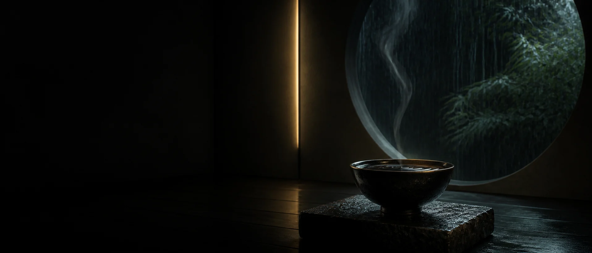 A single Jian Zhan bowl ripples in a dark rain-lit chamber as steam rises before a moon window.