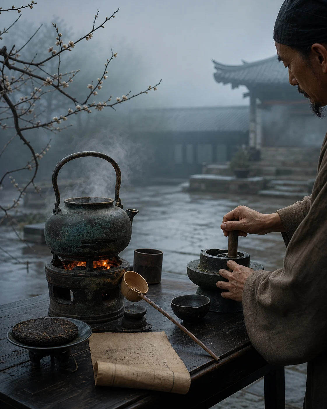 A patinated bronze cauldron with a bamboo ladle, steam rising from clouded tea.