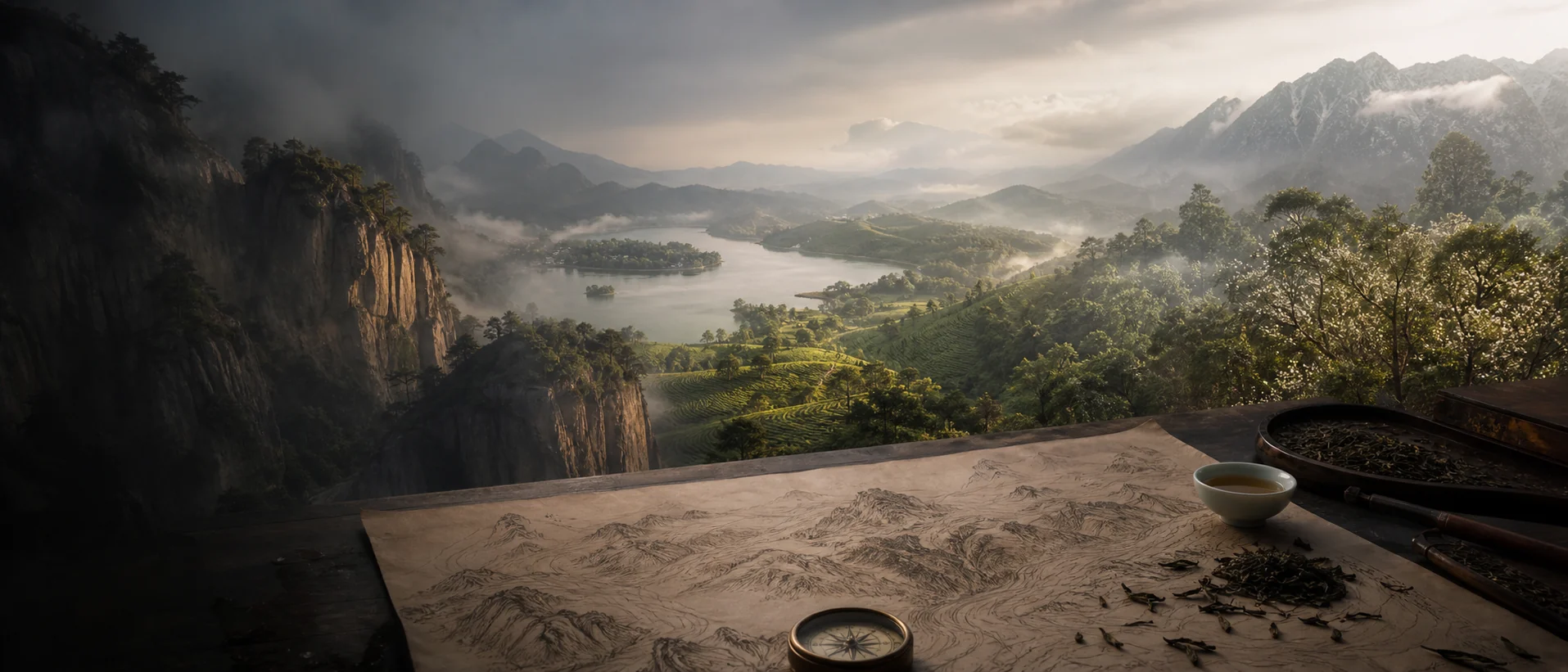 Terraced tea gardens climbing a misted hillside.