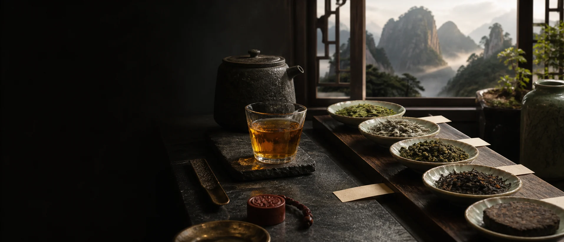 Five whole-leaf teas are arranged as botanical specimens beside an amber cup and misty mountain window.
