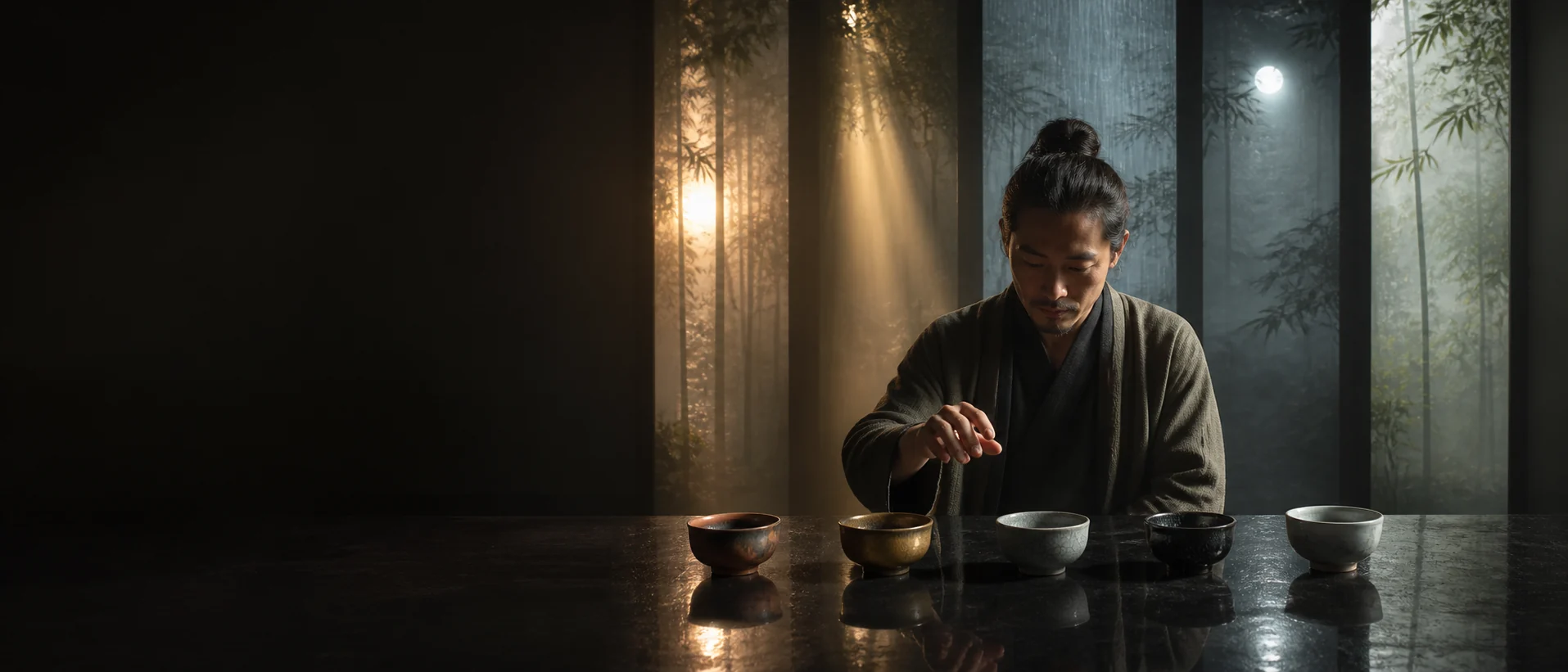 Five tea bowls in a row on a dark polished table. A person in a robe reaches toward one of them; behind, tall panels of bamboo forest, dawn light on one side and a moon on the other.