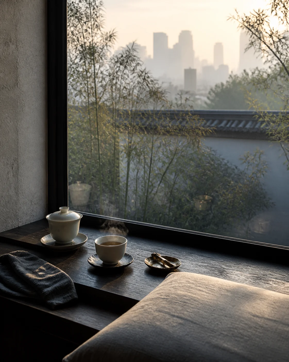 A single cup on a sill beside a quiet window, steam rising in still air.
