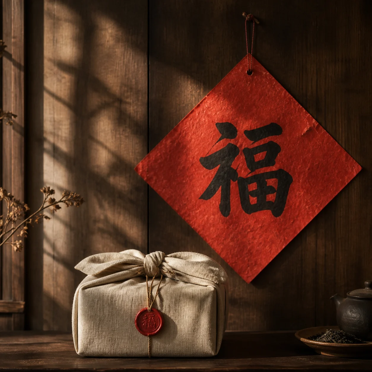 A red paper 福 character hung upside down beside a wrapped tea gift.