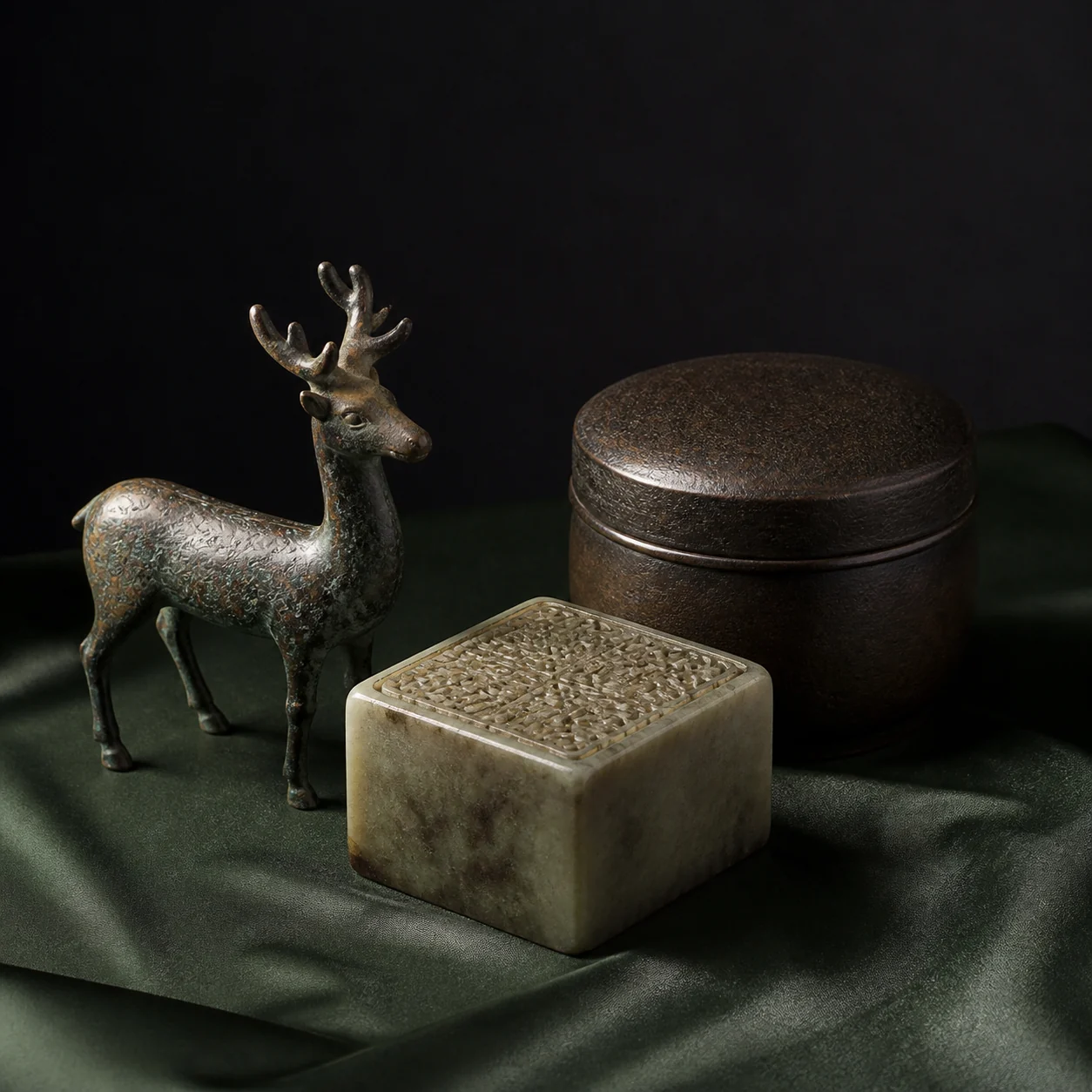 A small bronze deer standing beside a carved seal on dark cloth.