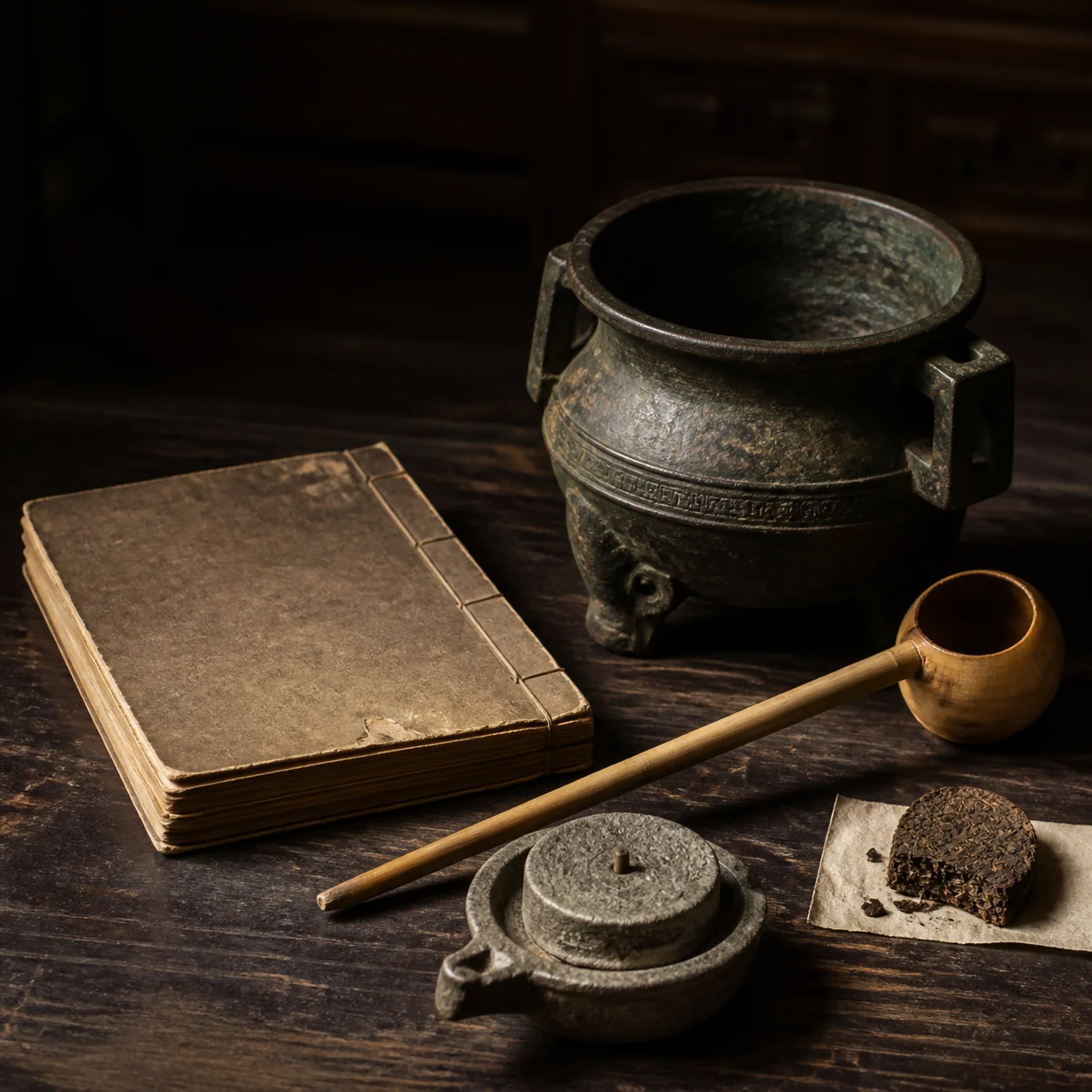 Lu Yu, the Tang scholar who wrote The Classic of Tea, seated with his brush and scrolls.