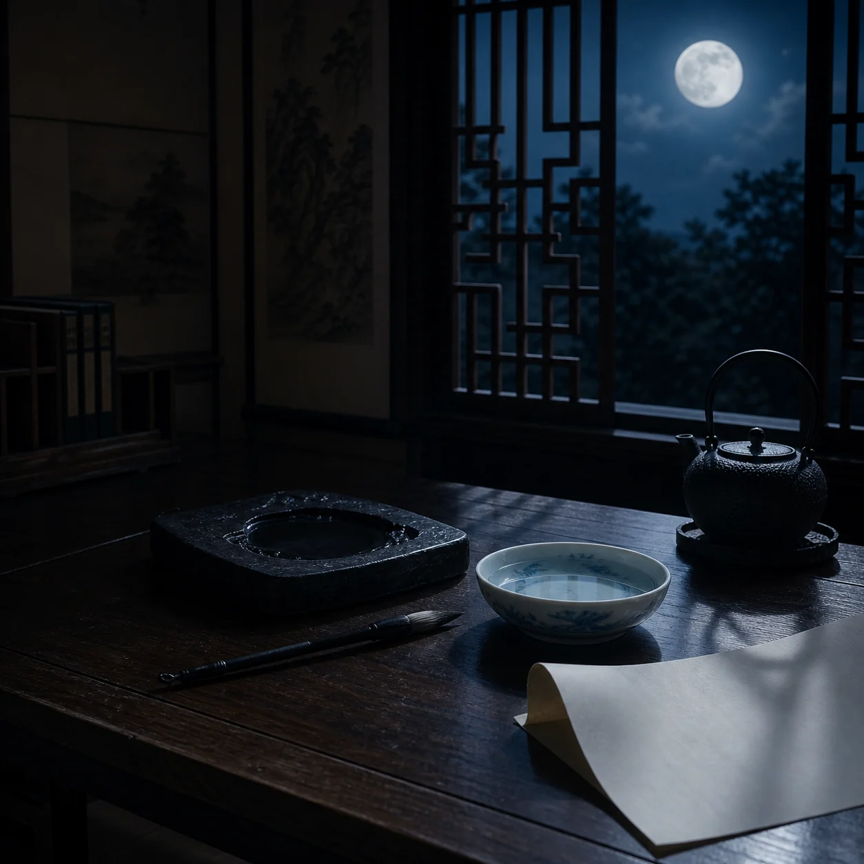 A brush, an inkstone, and a shallow bowl of water on a scholar’s desk at night.