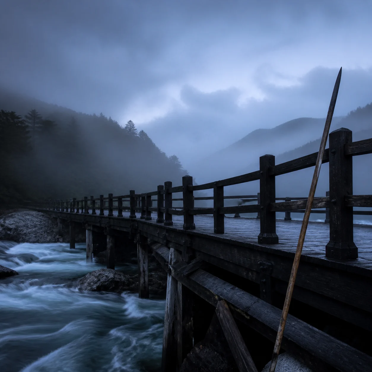 A dark timber bridge over moving water at dawn, empty.