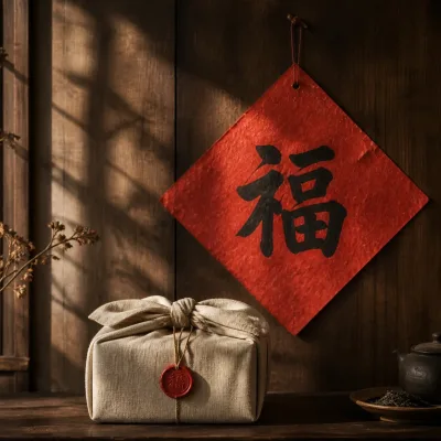 A red paper 福 character hung upside down beside a wrapped tea gift.