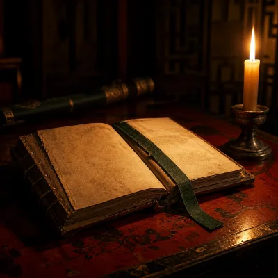 A thread-bound volume of the Spring and Autumn Annals lying open beside a single candle.